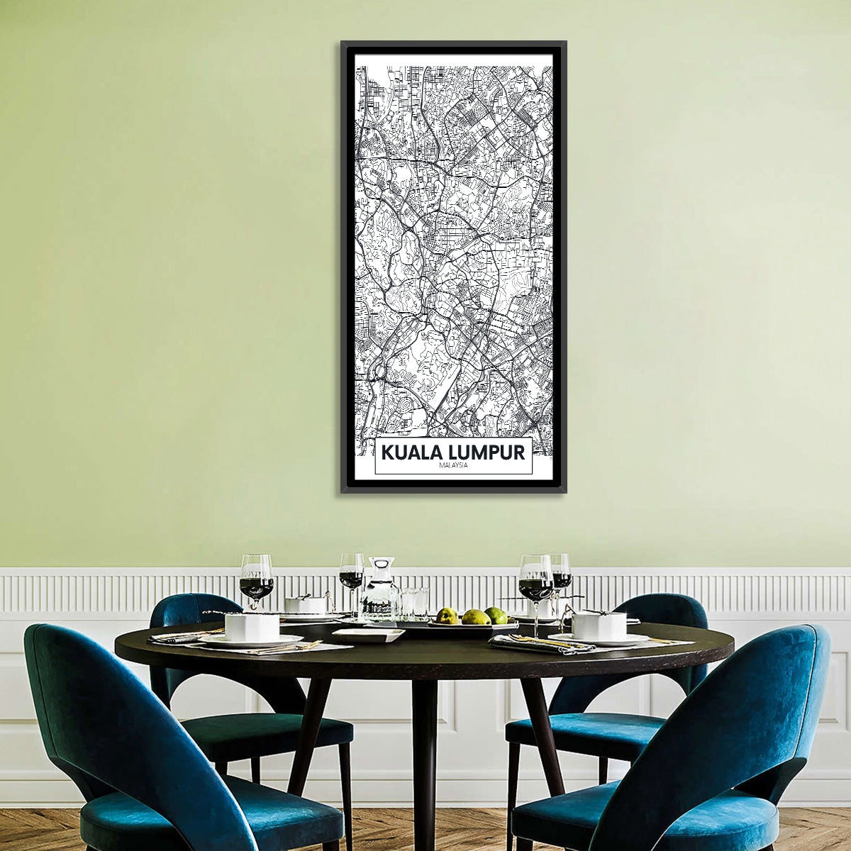 Kuala Lumpur Street Grid Map Wall Art in a room, portrait