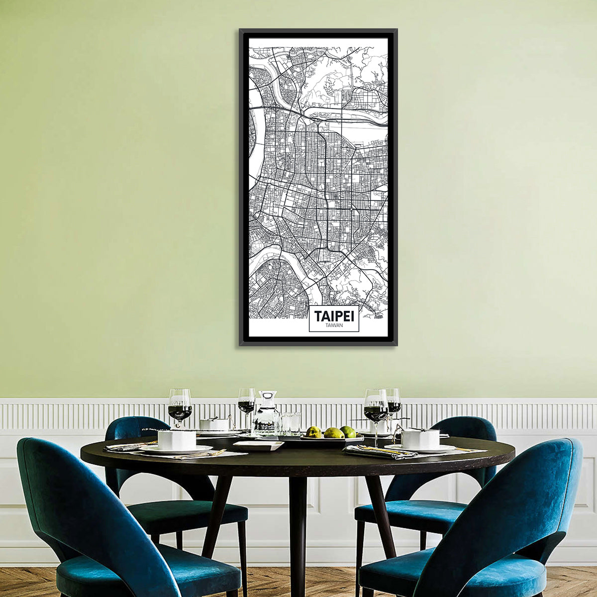 Taipei Street Grid Map Wall Art in a room, portrait
