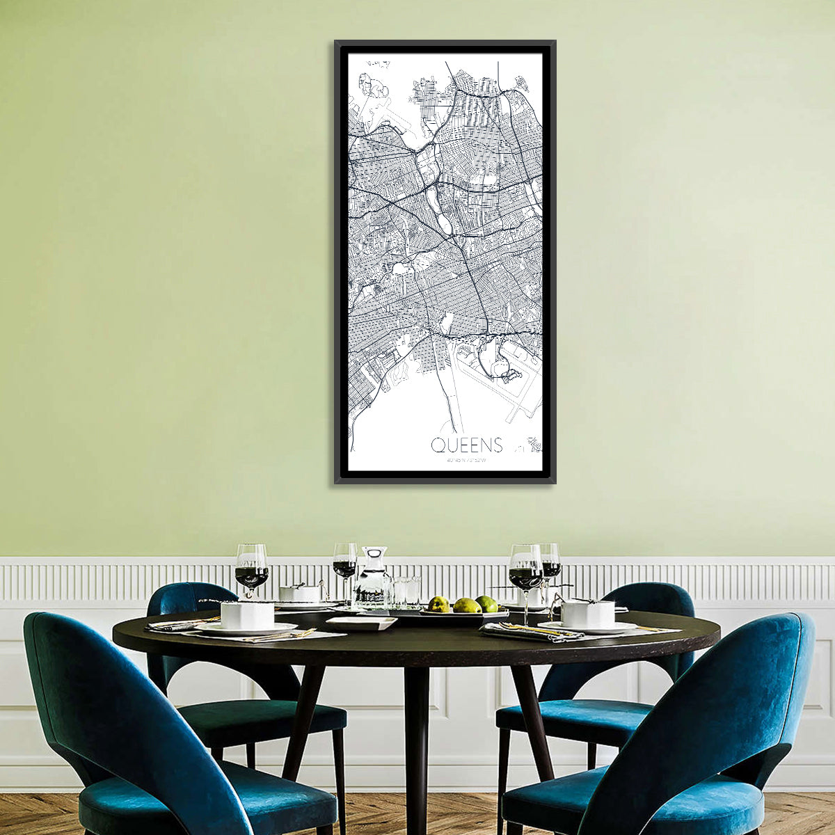 Queens Map with Jfk Airport Wall Art in a room, portrait