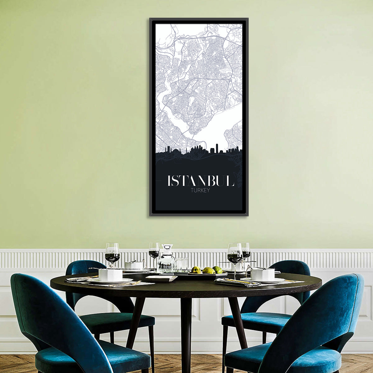 Istanbul Map and Skyline Wall Art in a room, portrait
