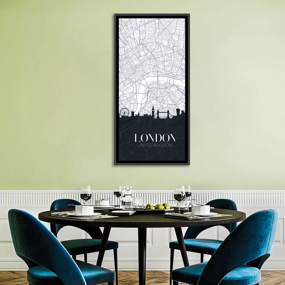 London Skyline Map Wall Art in a room, portrait