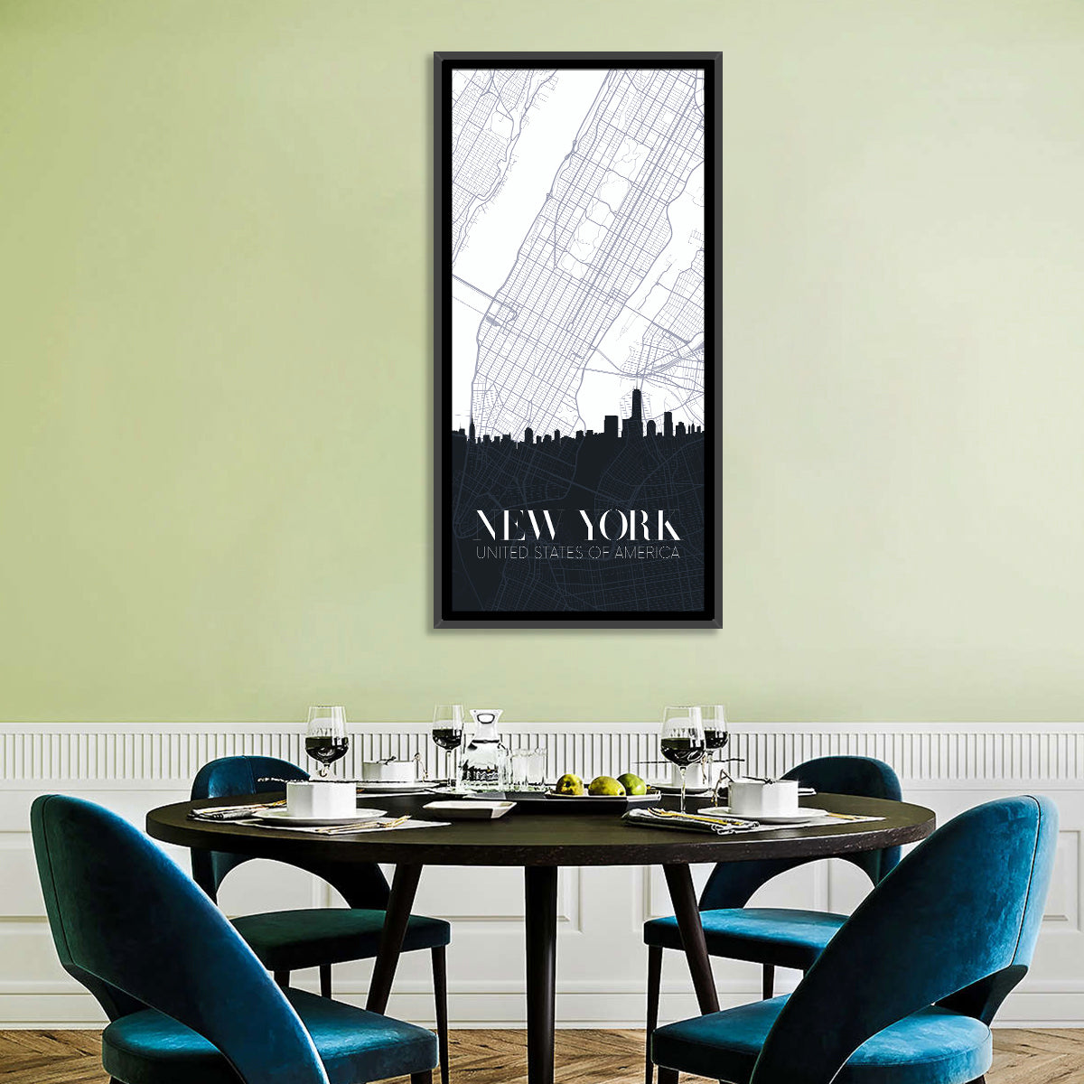 Manhattan Map with Skyline Wall Art in a room, portrait