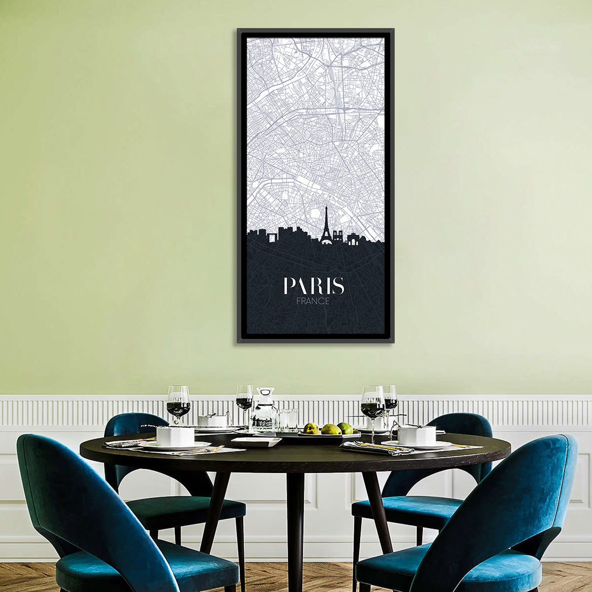 Paris Map with Eiffel Silhouette Wall Art in a room, portrait