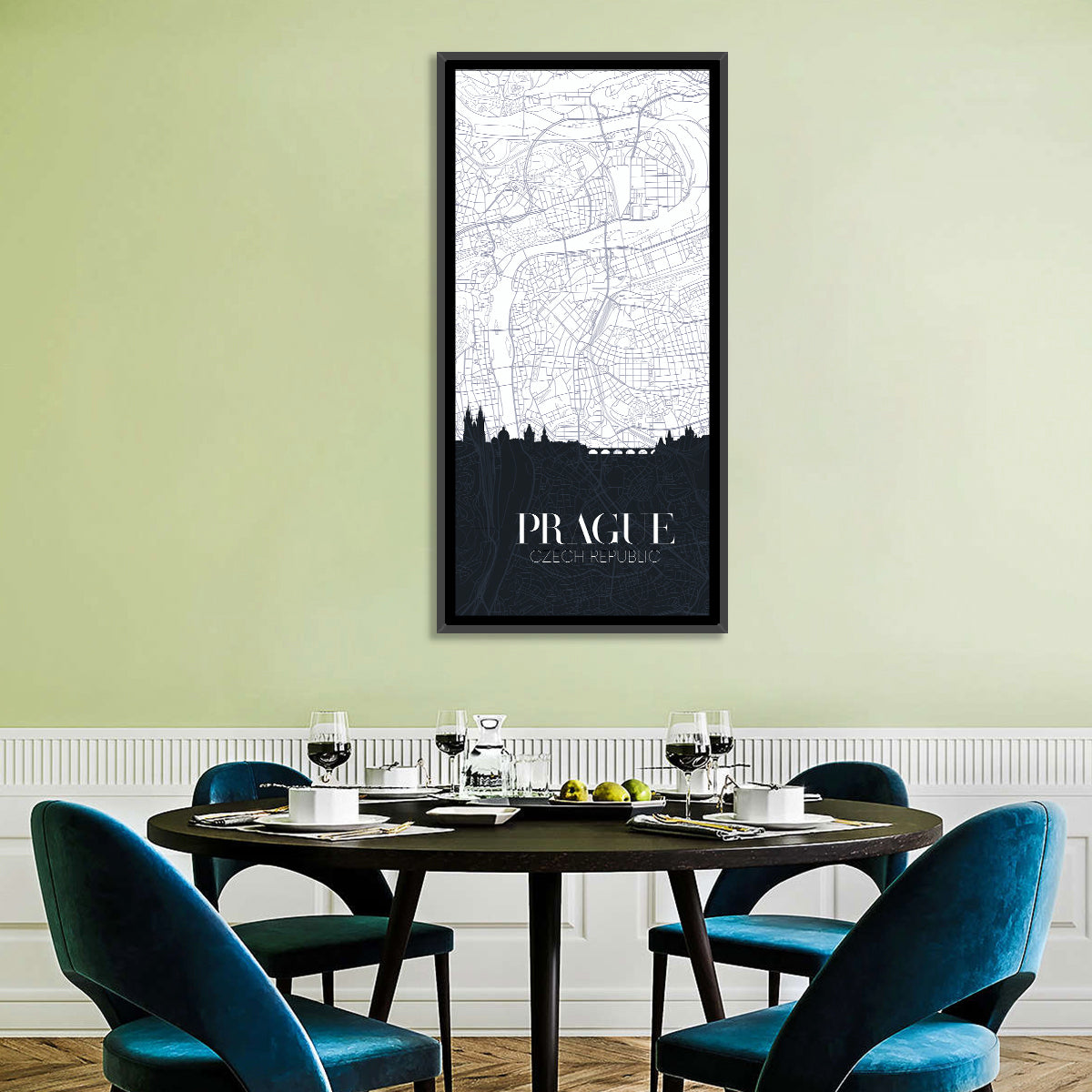 Prague Map with Charles Bridge Wall Art in a room, portrait