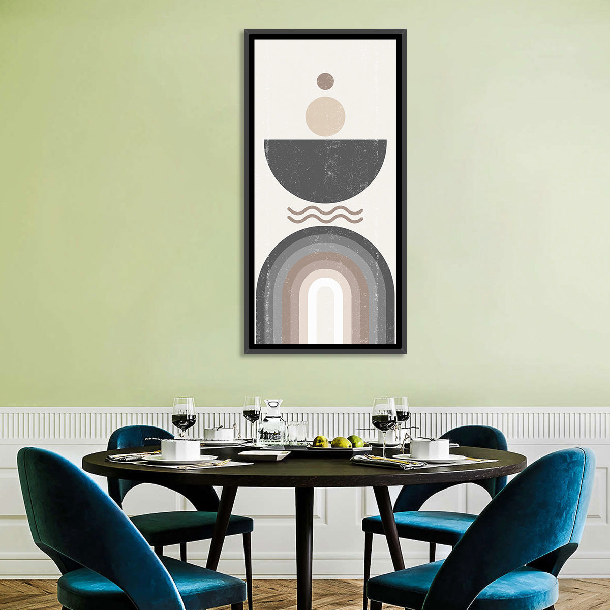 Textured Geometric Sun Wall Art in a room, portrait