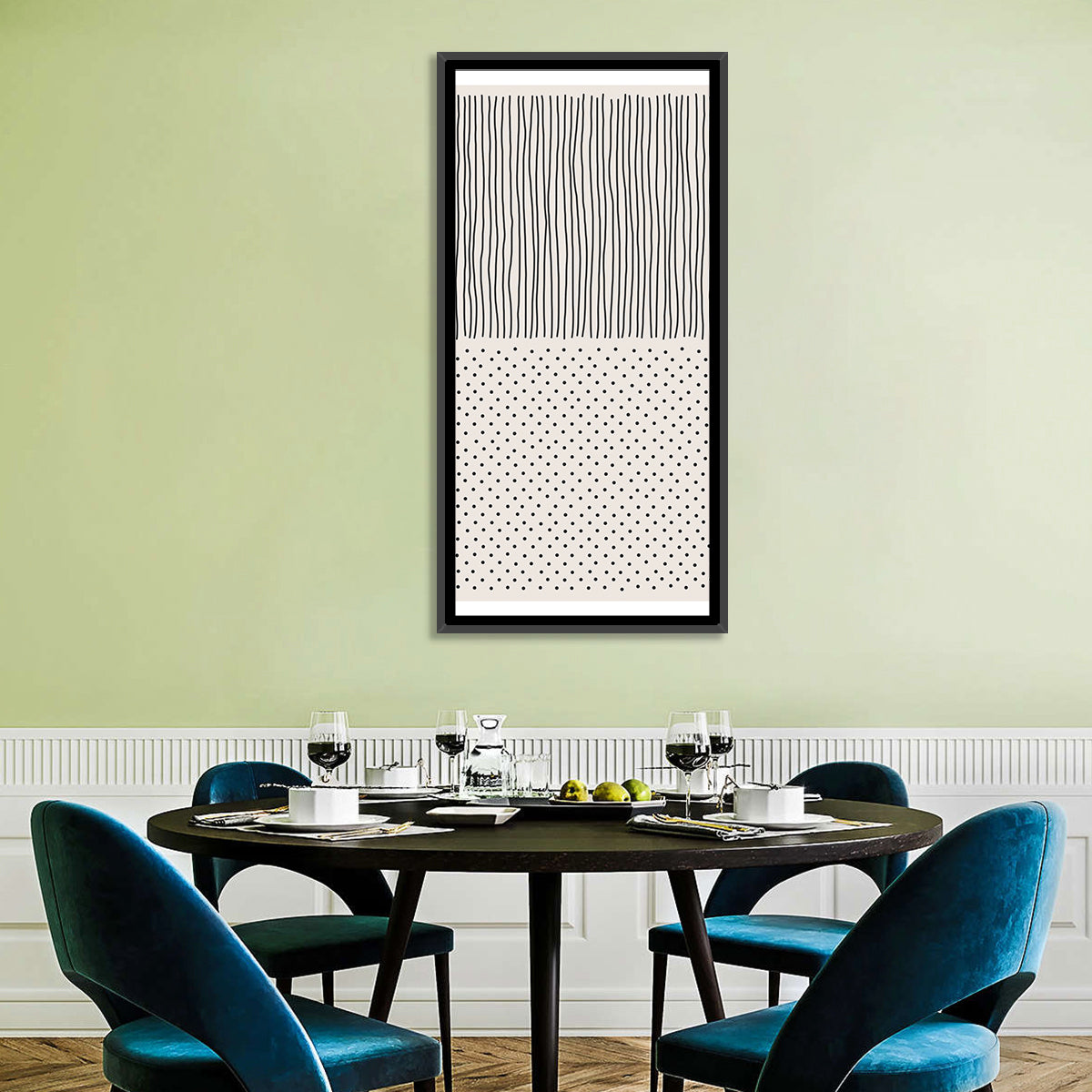 Minimalist Lines and Dots Wall Art in a room, portrait