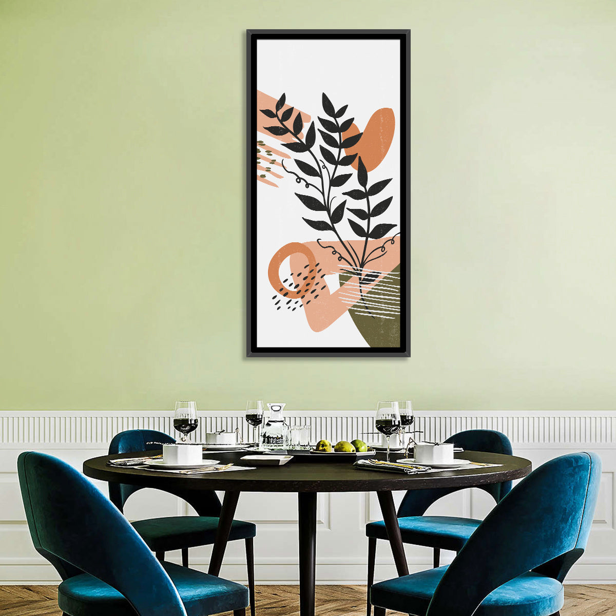 Olive Botanical Leaves Abstract Wall Art in a room, portrait