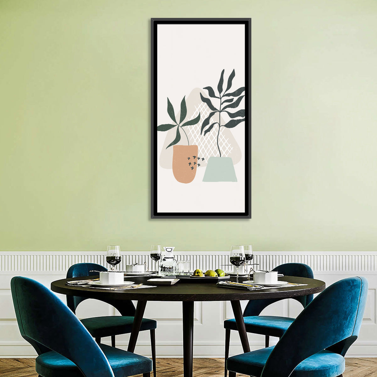 Potted Plants with Hand-drawn Grid Wall Art in a room, portrait