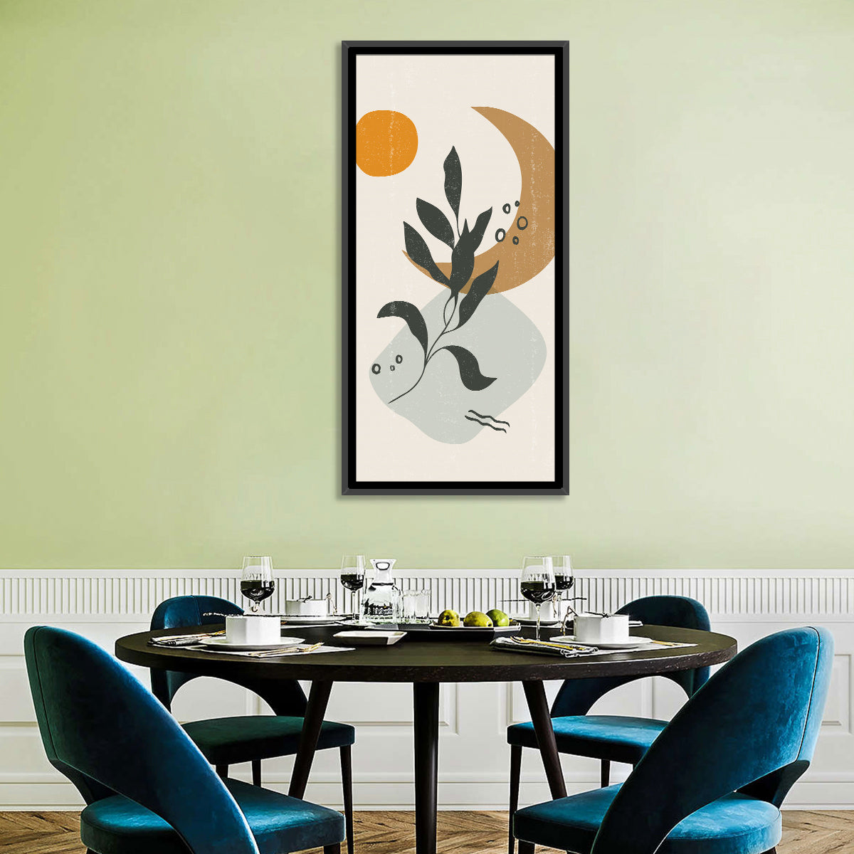 Leafy Branch with Sun and Moon Wall Art in a room, portrait