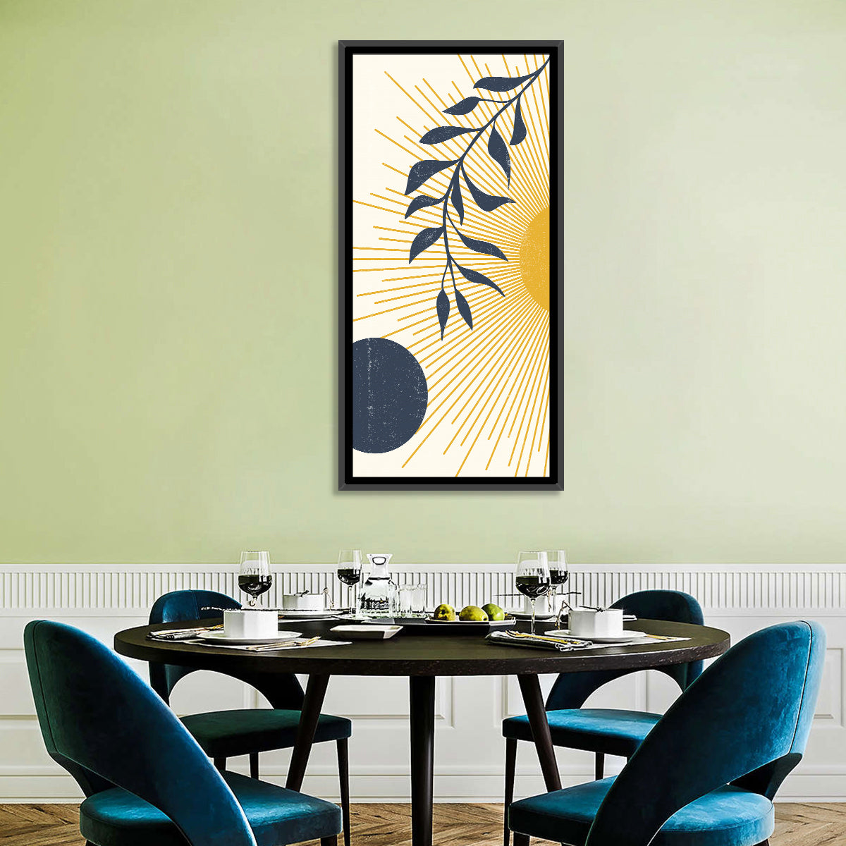 Textured Sun and Moon Abstract Wall Art in a room, portrait