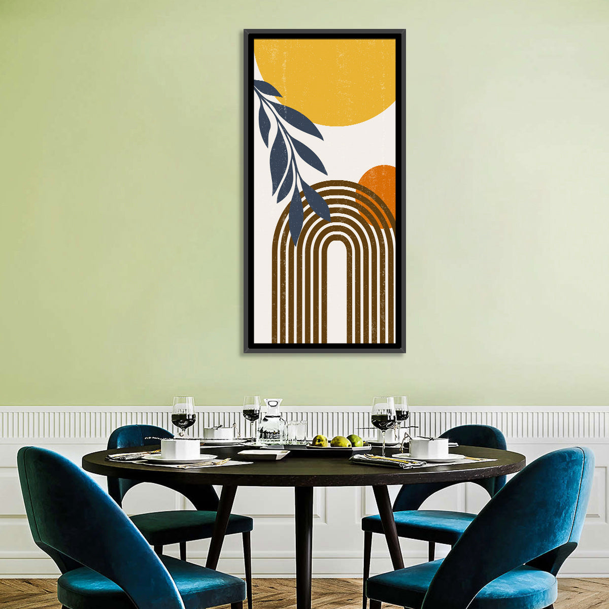 Boho Sun and Moon with Leaves Wall Art in a room, portrait