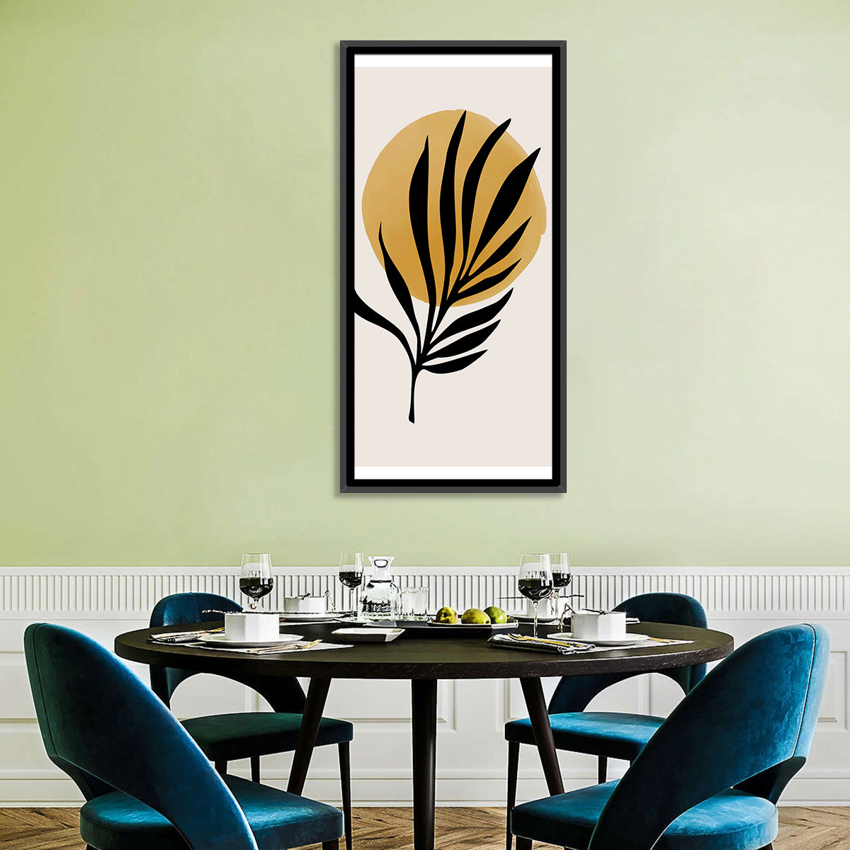 Shining Sun Palm Leaf Wall Art in a room, portrait