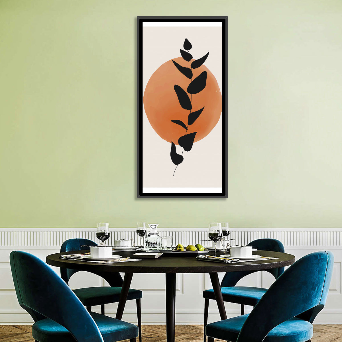 Leafy Branch with Terracotta Circle Wall Art in a room, portrait