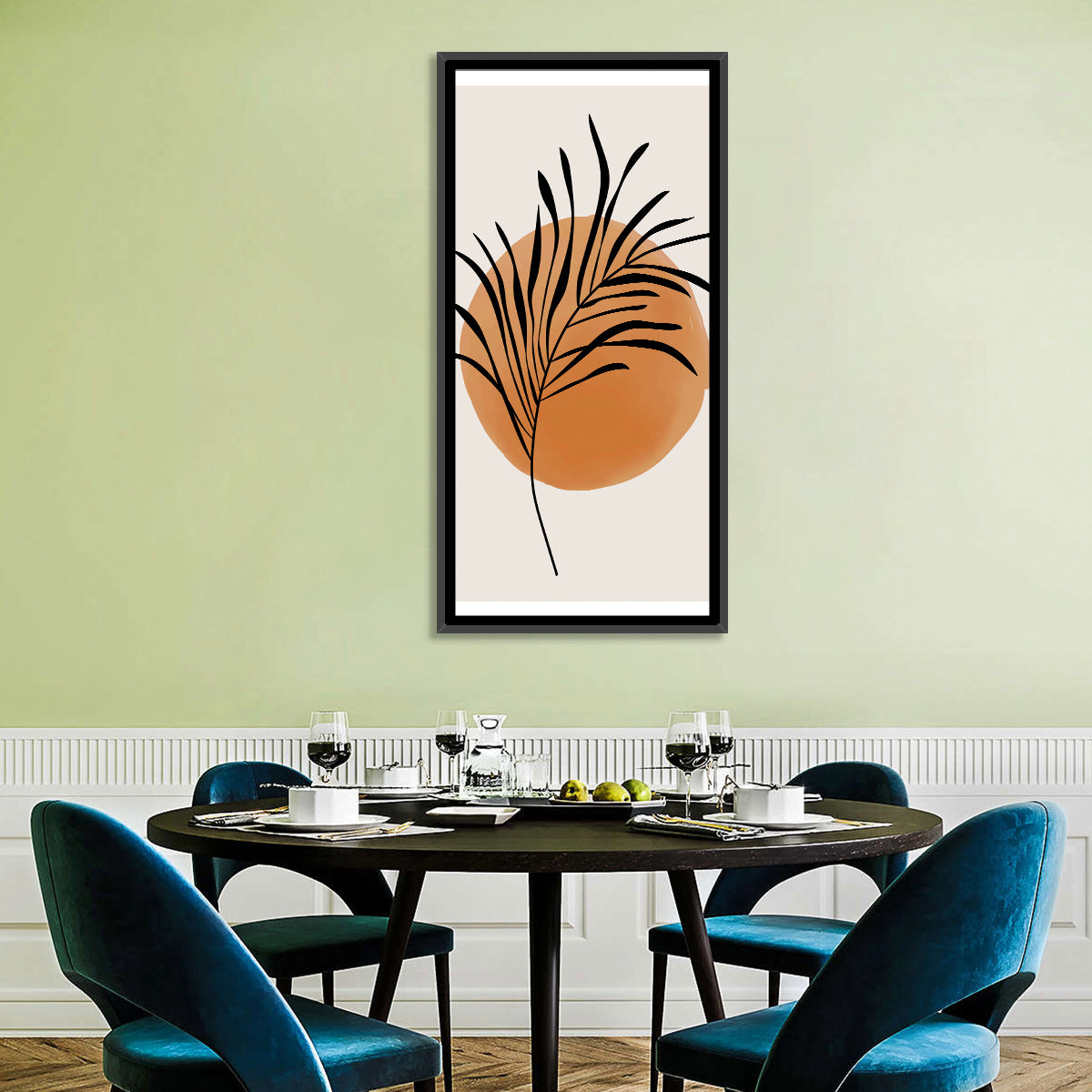 Long Palm Frond Minimalist Wall Art in a room, portrait
