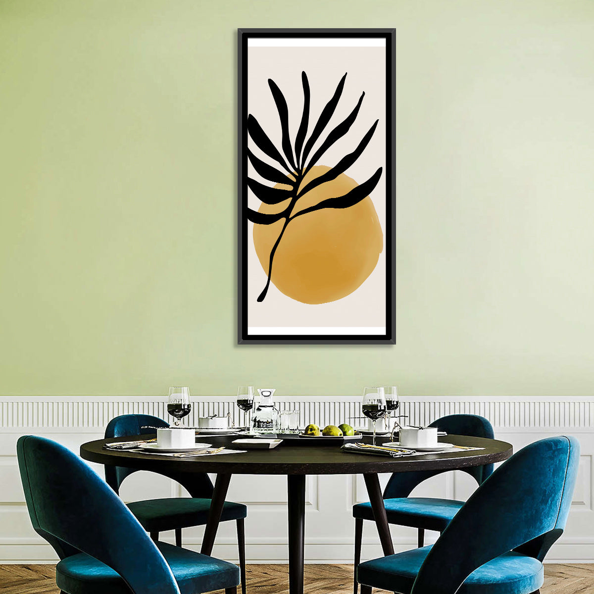 Mustard Sun with Dark Leaf Wall Art in a room, portrait