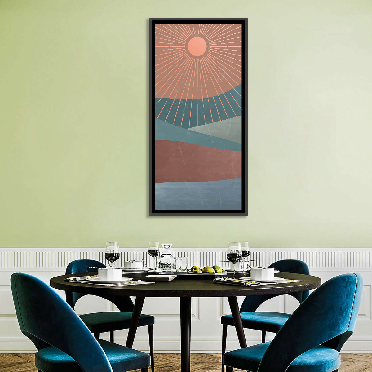 Minimalist Mountain Sunrise Wall Art in a room, portrait