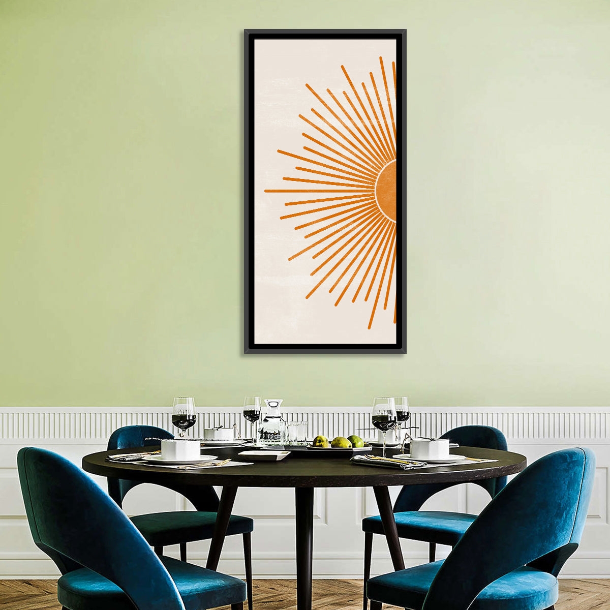 Orange Sunburst Minimalist Wall Art in a room, portrait