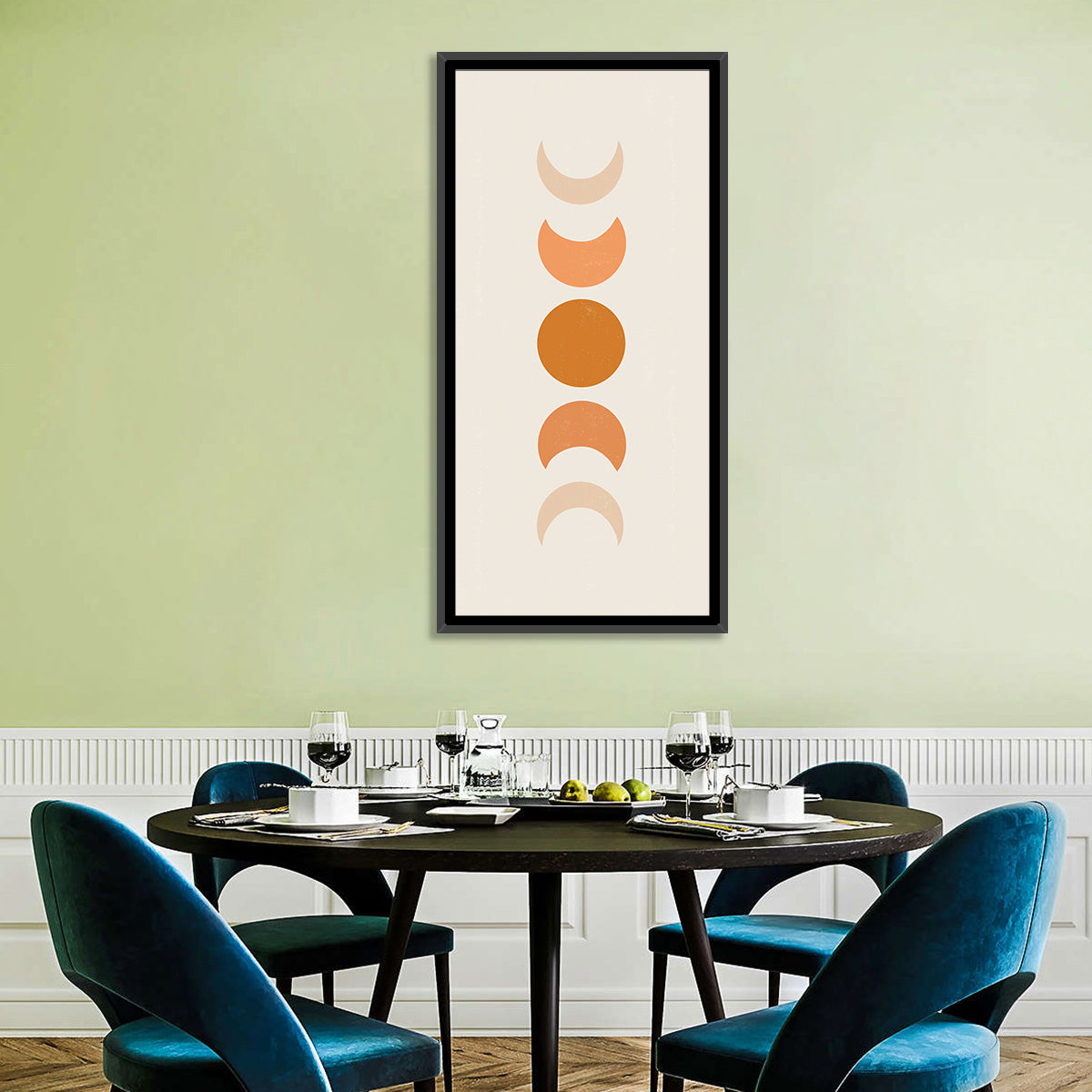 Minimalist Moon Phases Wall Art in a room, portrait