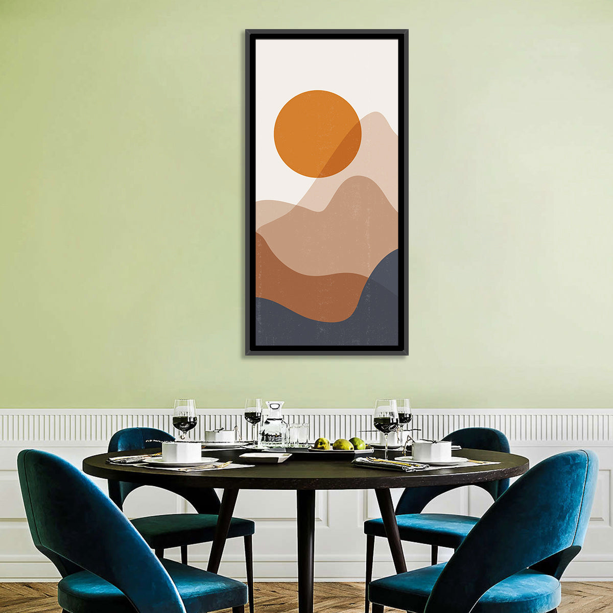Layered Sunset Mountains Wall Art in a room, portrait