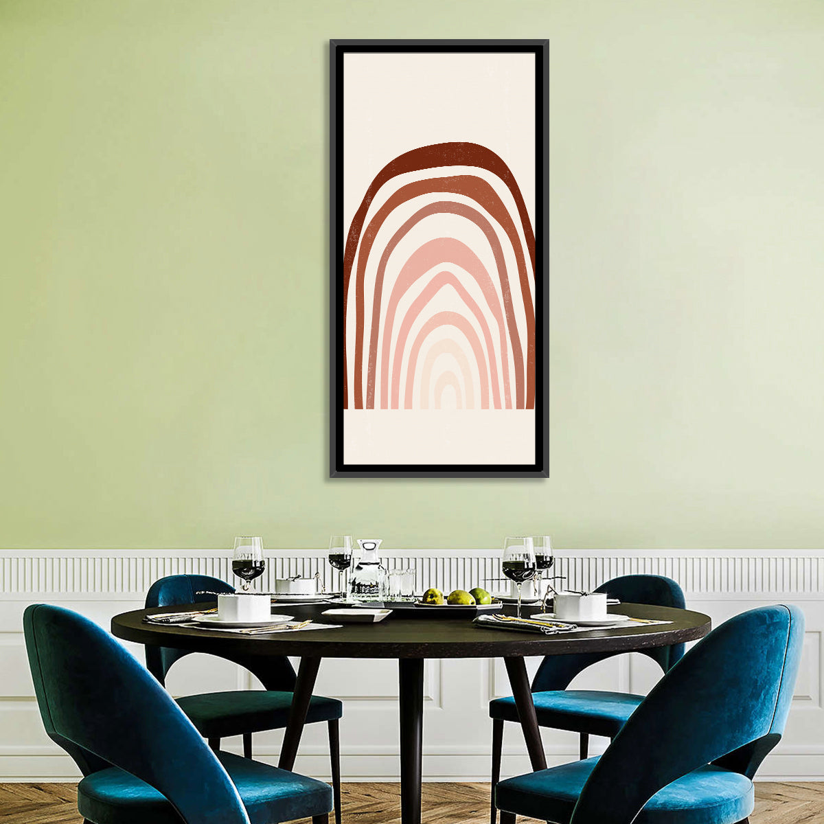 Muted Rainbow Arches Wall Art in a room, portrait