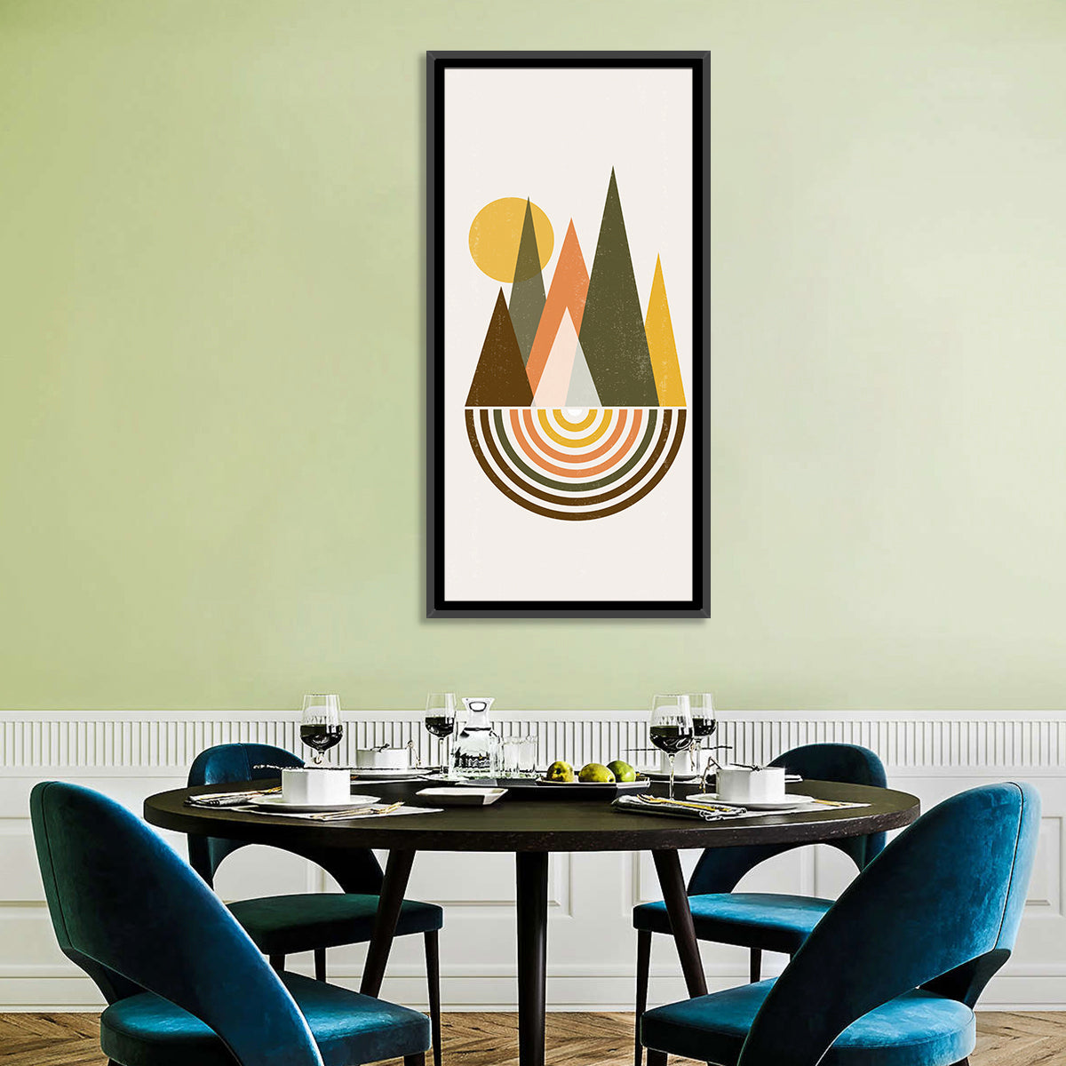 Colored Mountains Sunset Wall Art in a room, portrait