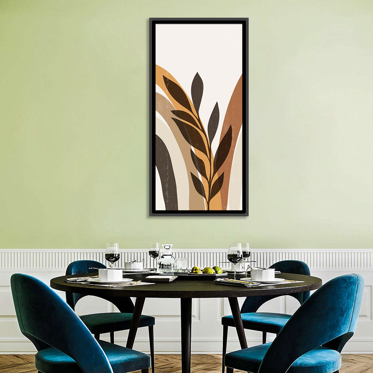 Tropical Boho Leaf Arches Wall Art in a room, portrait