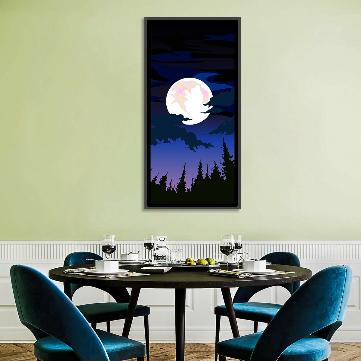 Dark Moon Over Forest Wall Art in a room, portrait