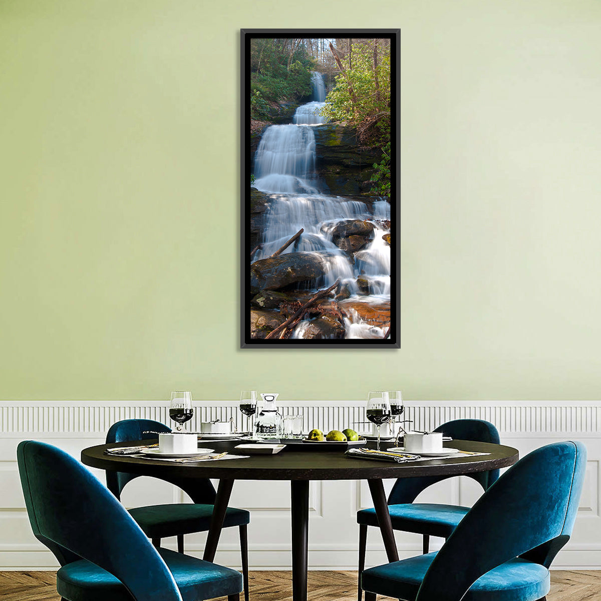 Desoto Falls Cascading Waterfall Wall Art in a room, portrait