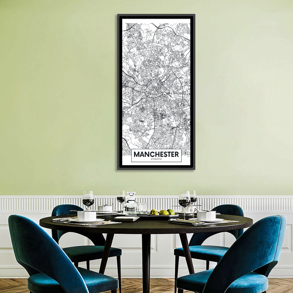 Manchester City Map, Minimalist Wall Art in a room, portrait