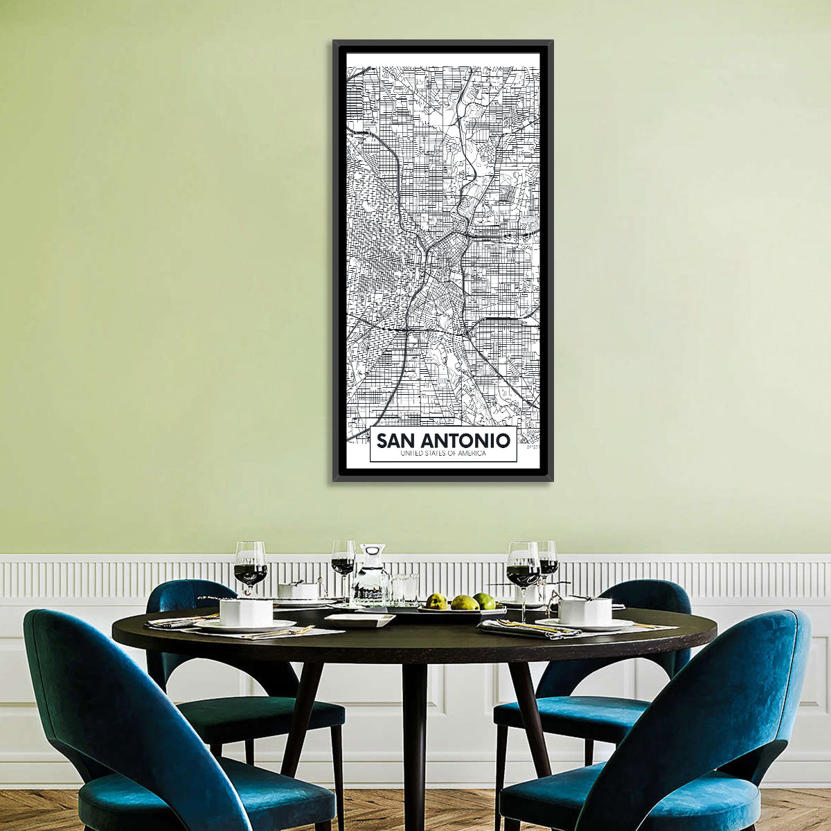 San Antonio Minimalist City Map Wall Art in a room, portrait