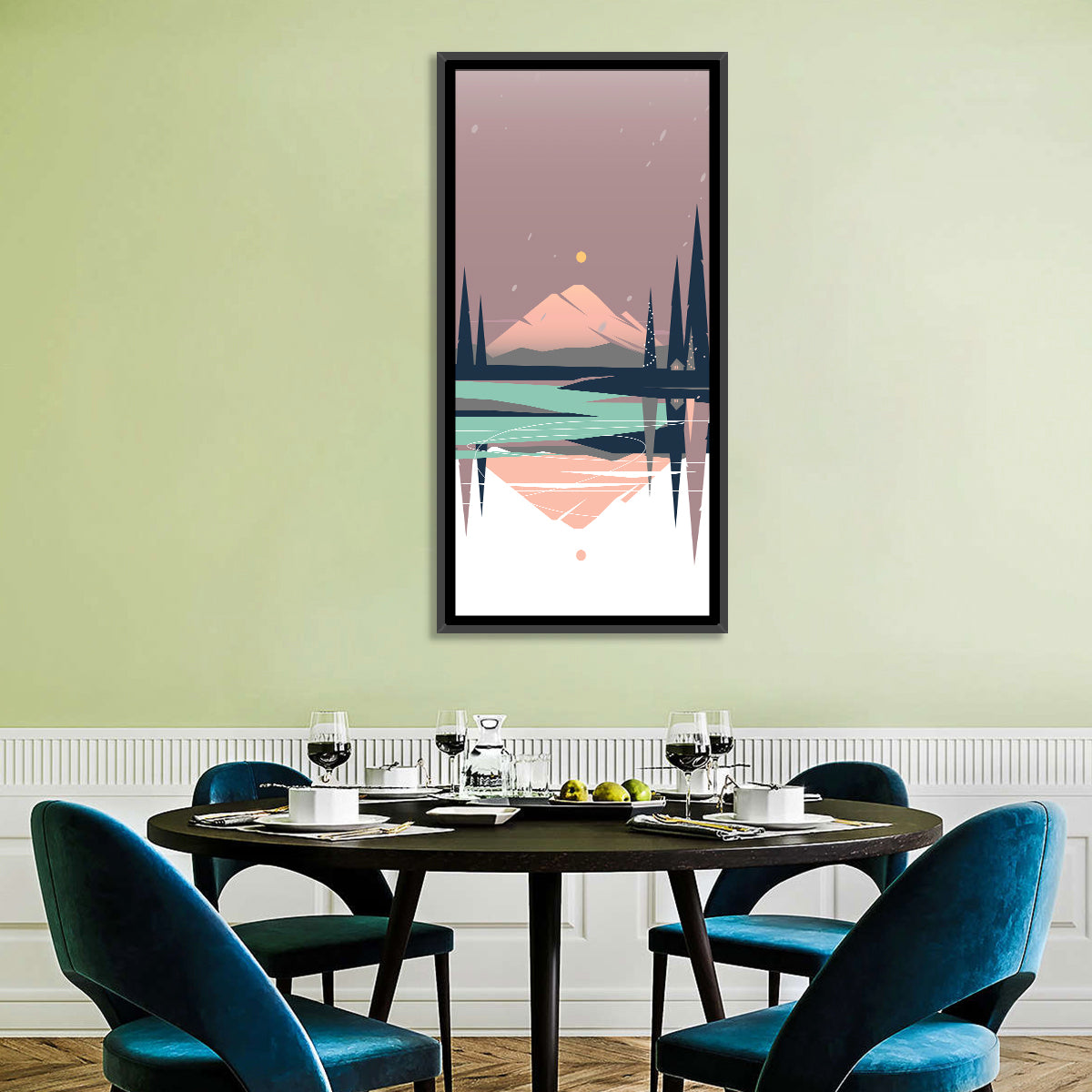 Dusk Mountain Lake Reflection Wall Art in a room, portrait