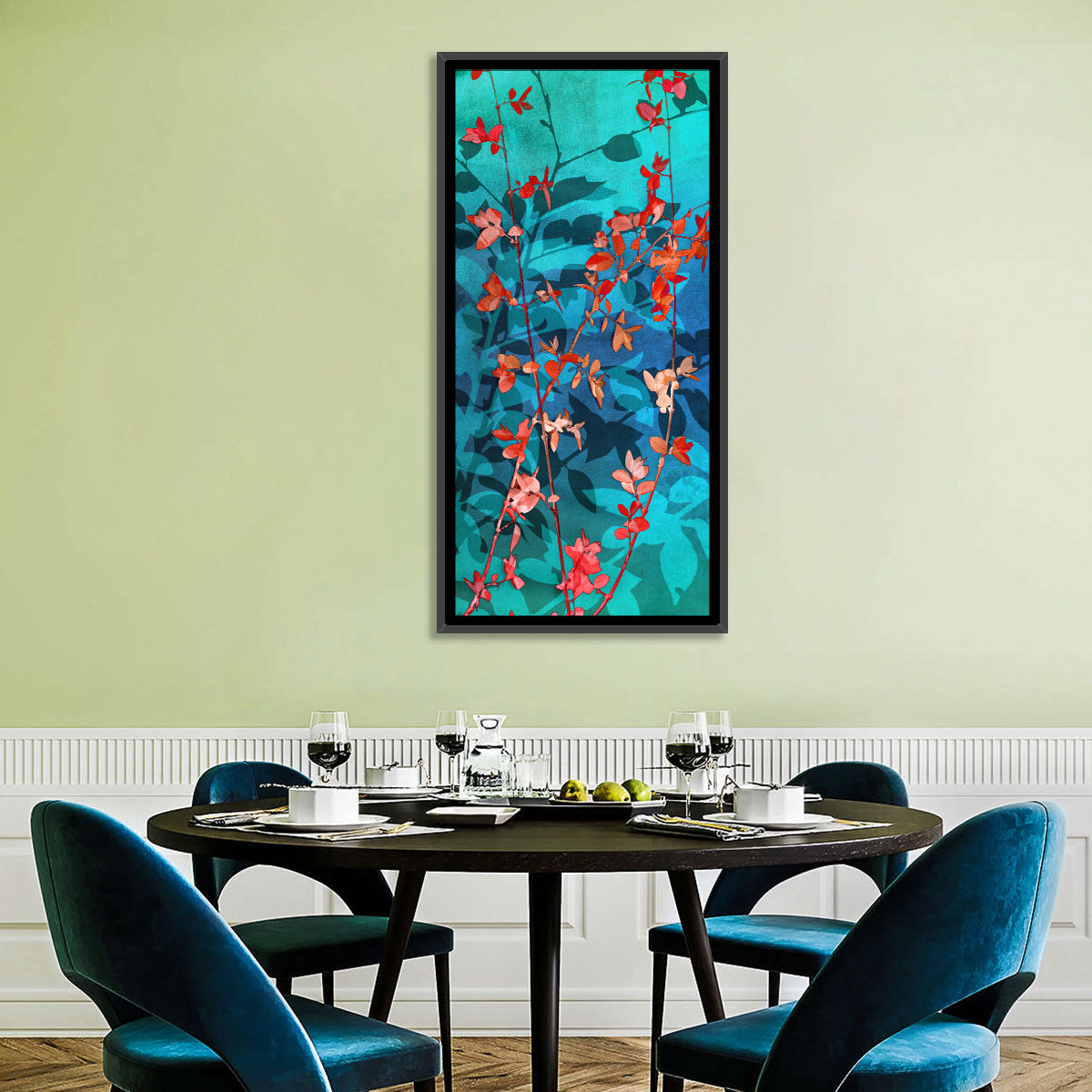 Red Leaf Branches Wall Art in a room, portrait