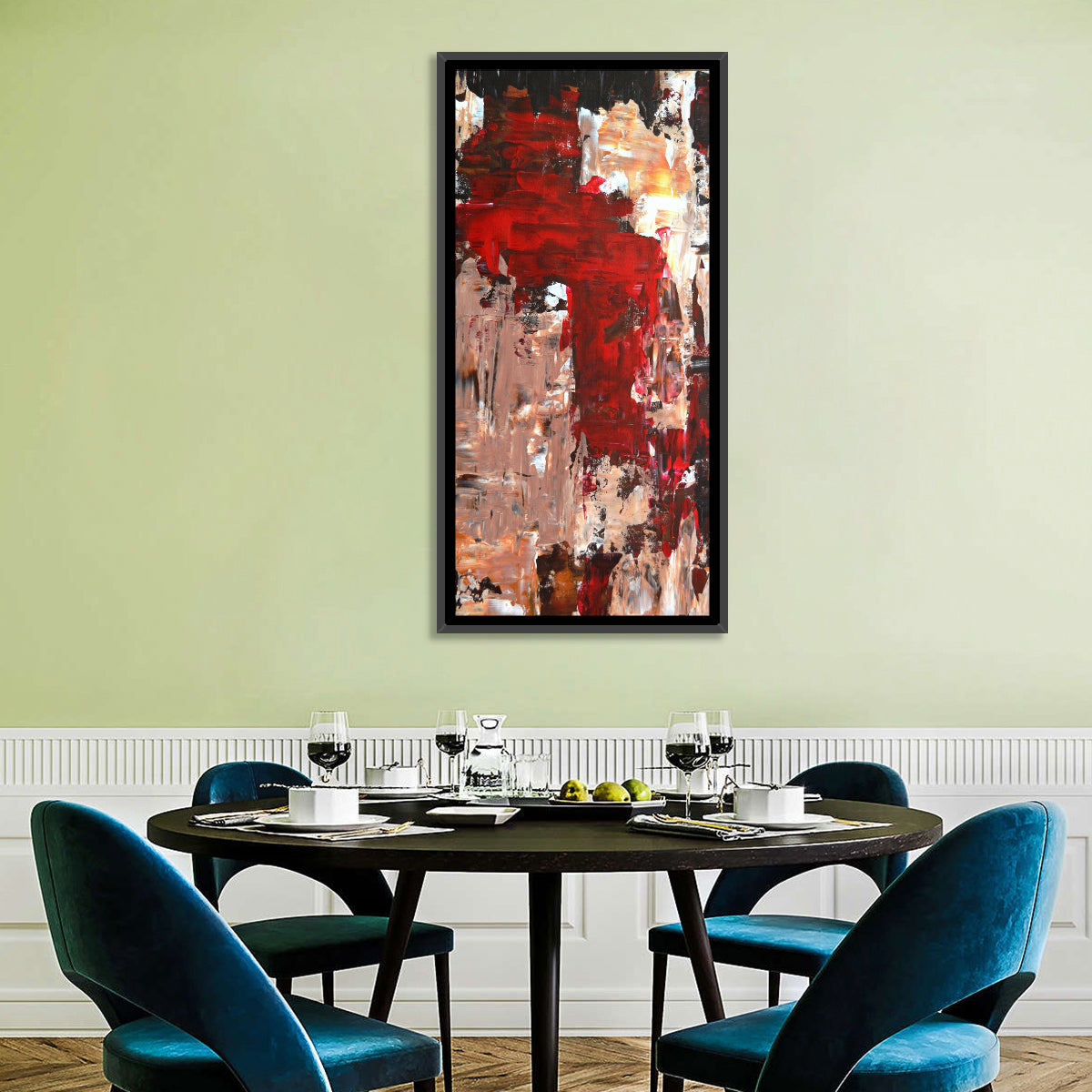 Splash of Red Abstract Wall Art in a room, portrait