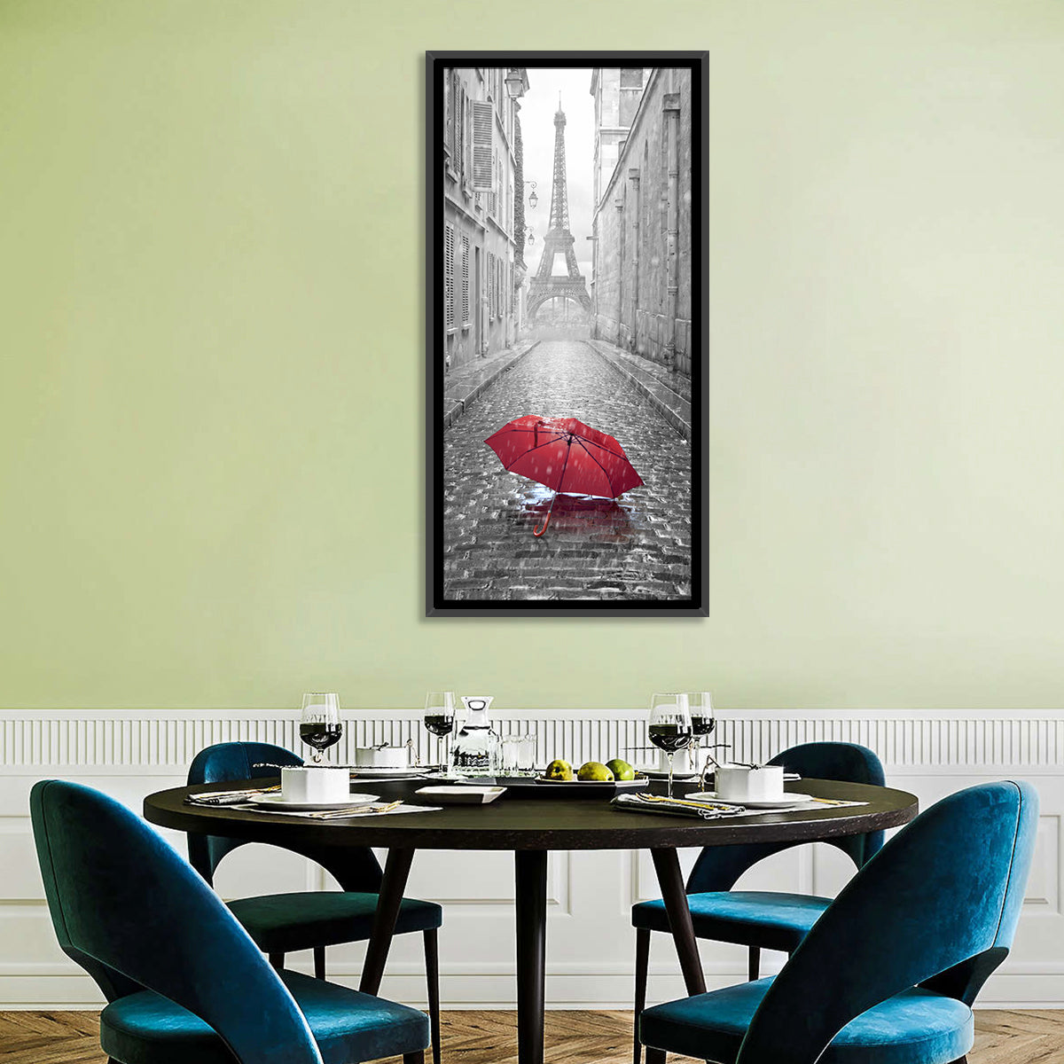 Eiffel Tower on Rainy Street Wall Art in a room, portrait
