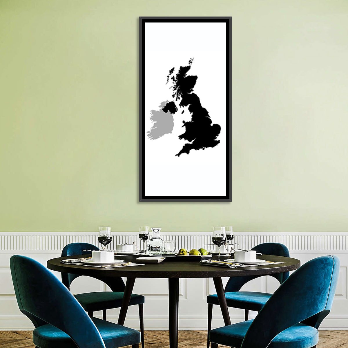 United Kingdom Silhouette Map Wall Art in a room, portrait