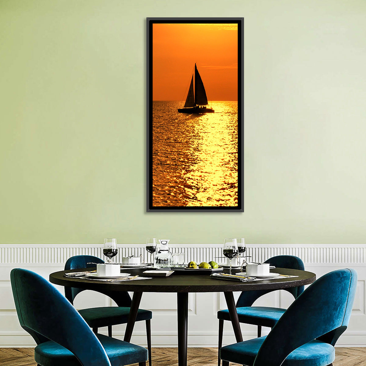 Sailboat Silhouette at Golden Sunset Wall Art