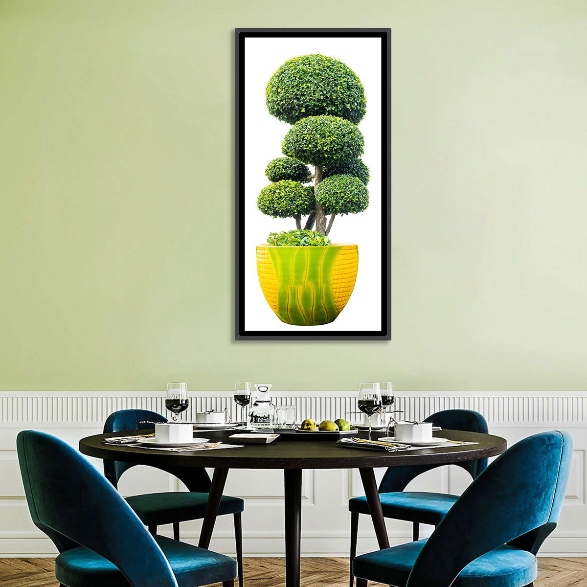 Bonsai Topiary in Yellow Lime Pot Wall Art in a room, portrait