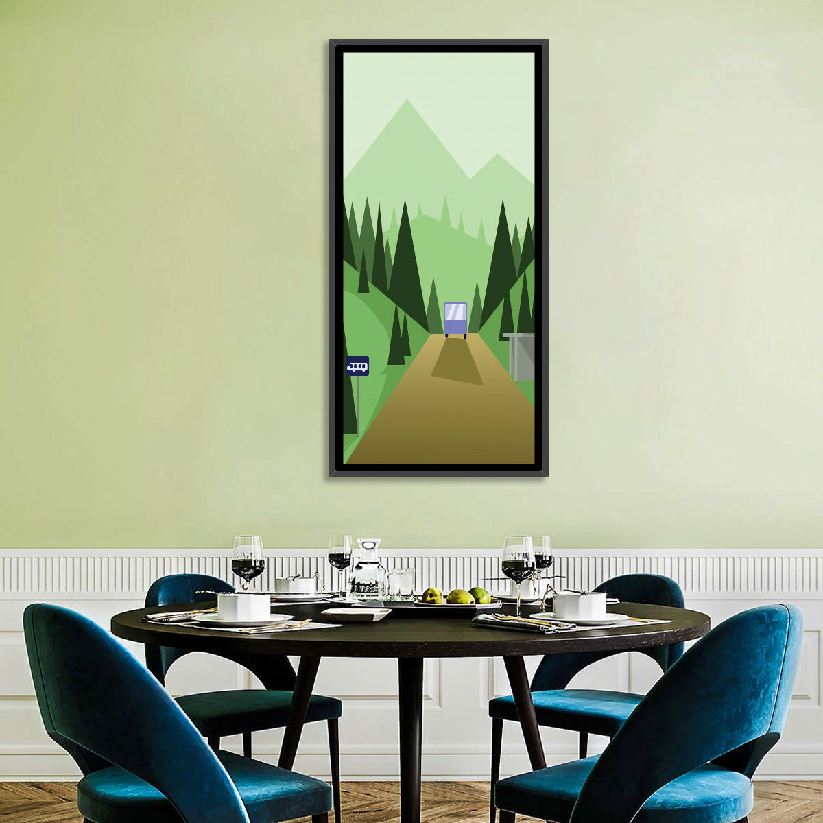 Mountain Road Bus Stop Illustration Wall Art in a room, portrait
