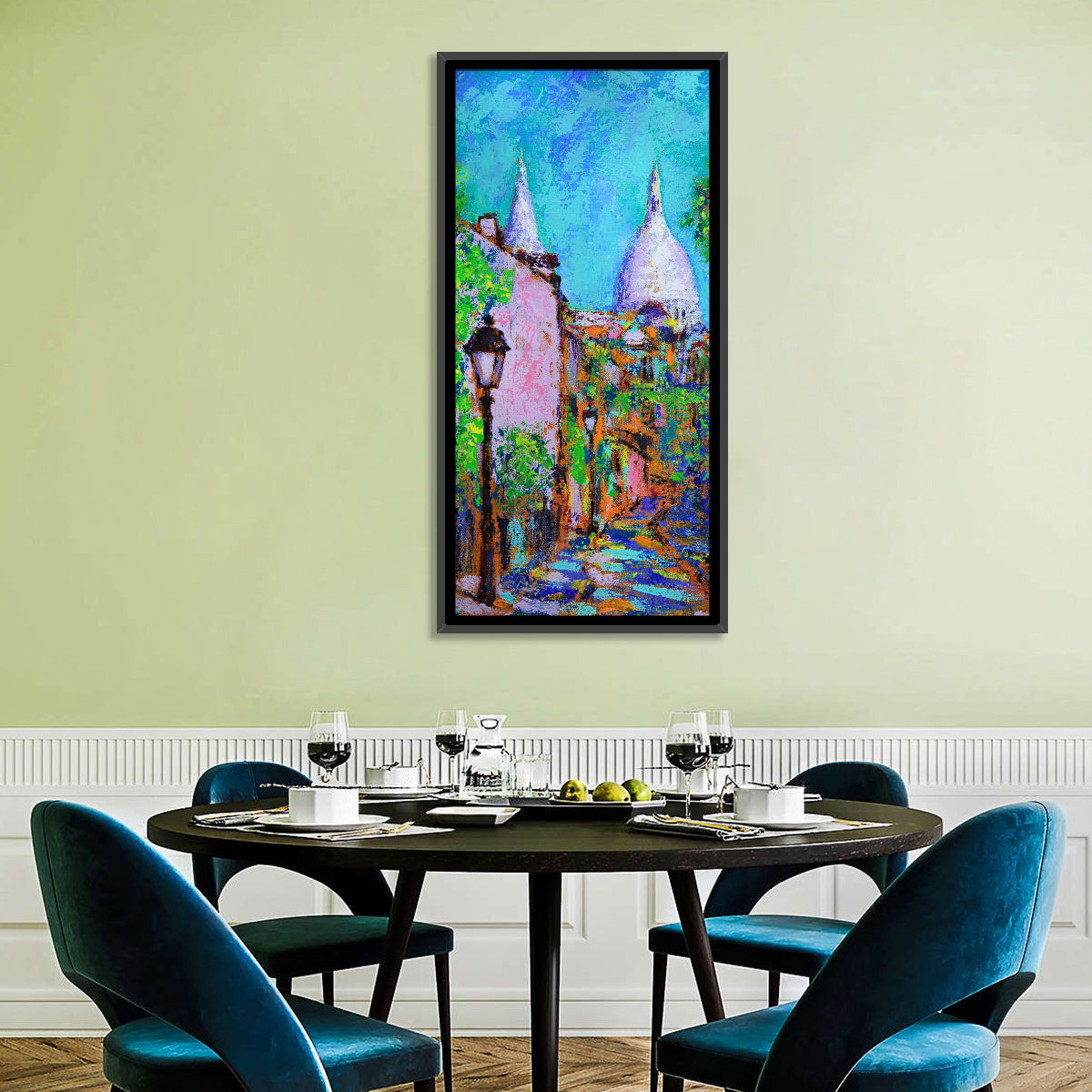 Montmartre Street with Sacre Coeur Dome Wall Art in a room, portrait