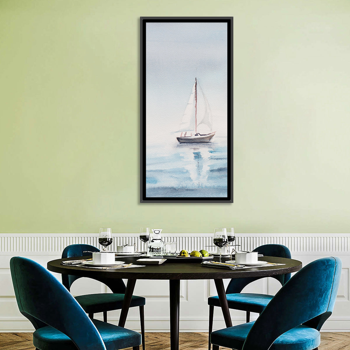 Sailboat on Calm Sea Wall Art in a room, portrait