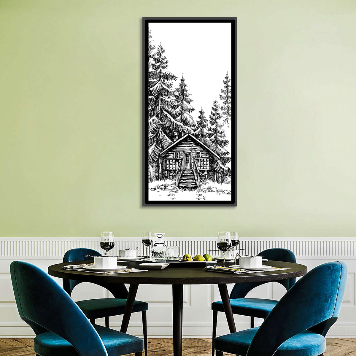 Log Cabin Sketch Wall Art in a room, portrait