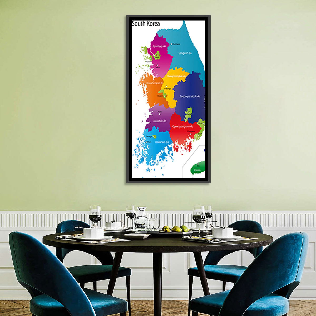 Colorful South Korea Map Wall Art in a room, portrait
