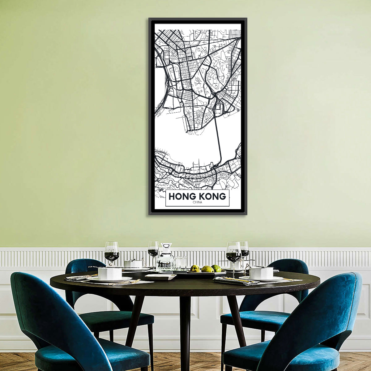 Hong Kong Aerial Map Wall Art in a room, portrait