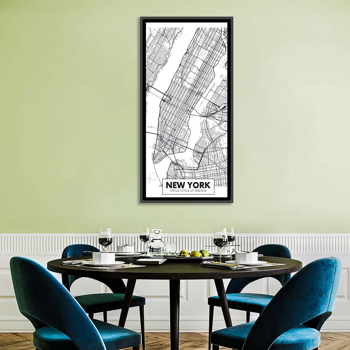 Manhattan Map, Black and White Wall Art in a room, portrait