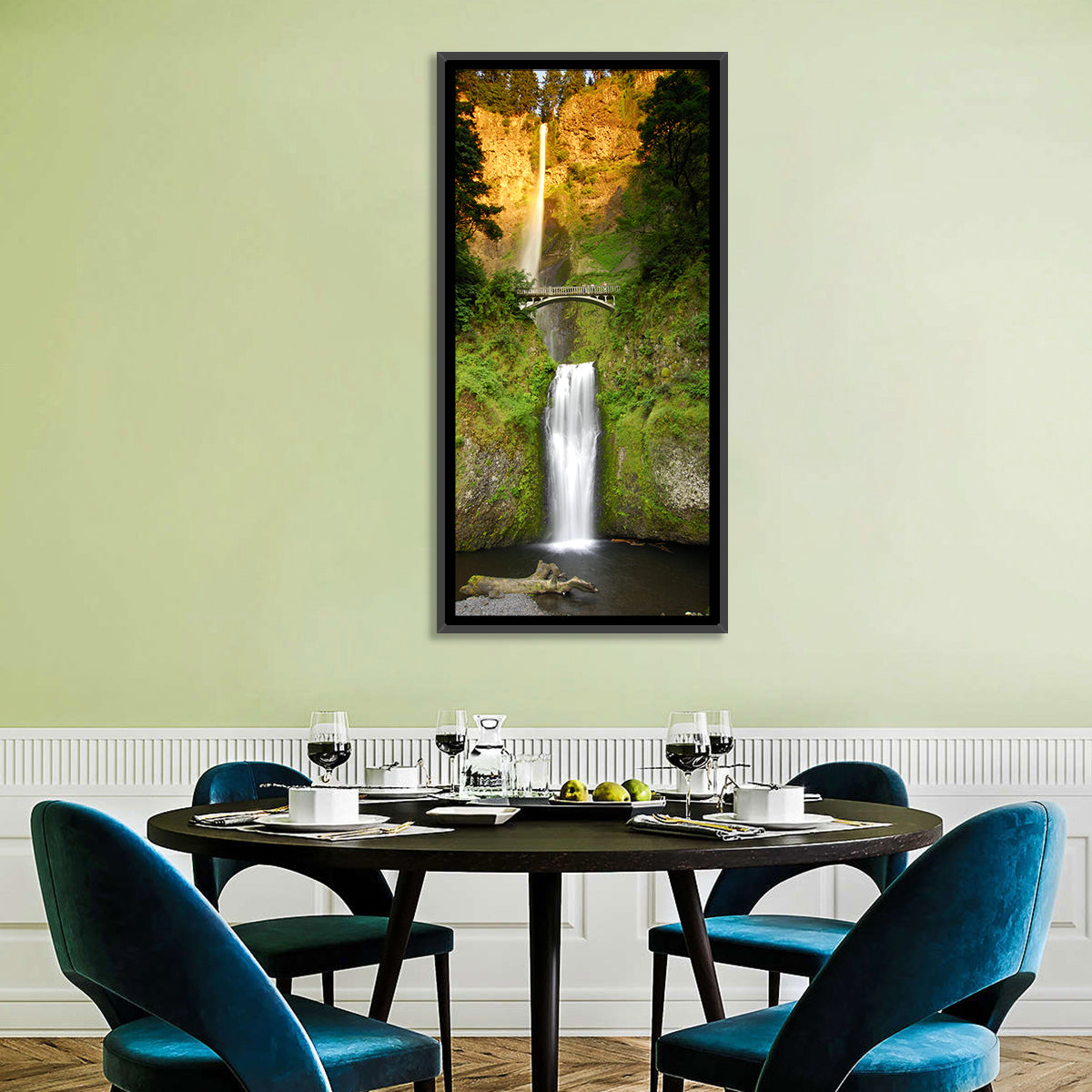 Multnomah Falls at Golden Hour Wall Art in a room, portrait