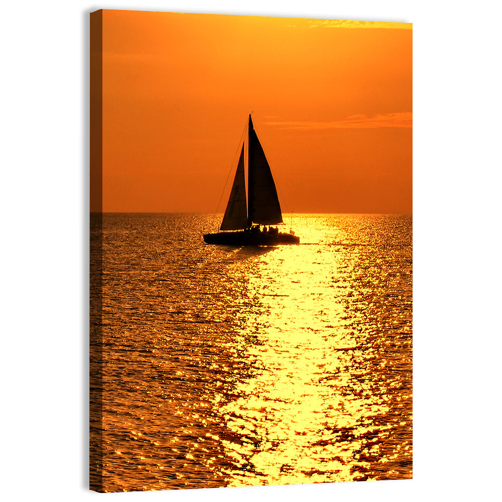 Sailboat Silhouette at Golden Sunset Wall Art