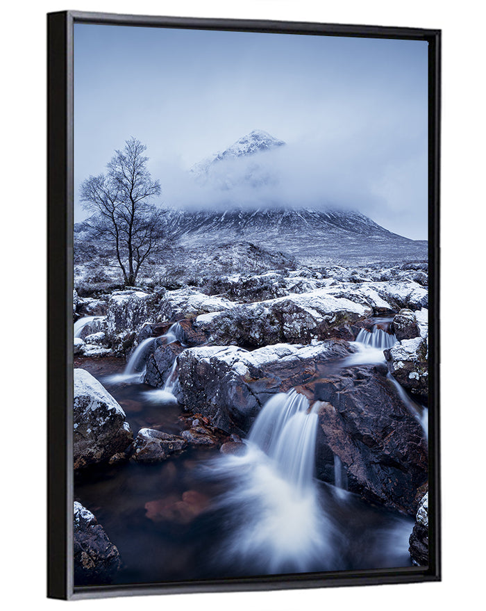 Buachaille Etive Mòr Winter Waterfall Wall Art as a framed canvas