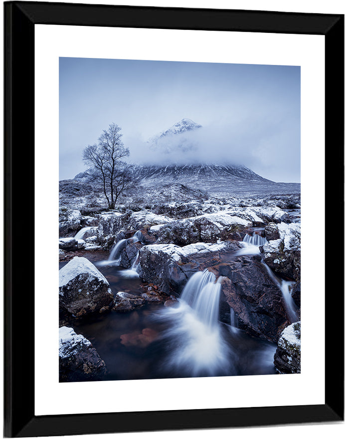Buachaille Etive Mòr Winter Waterfall Wall Art as a framed print
