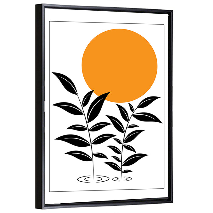 Minimalist Sun and Leaf Illustration Wall Art as a framed canvas