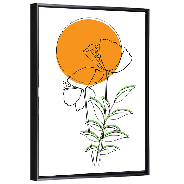 Orange Circle Floral Line Wall Art as a framed canvas
